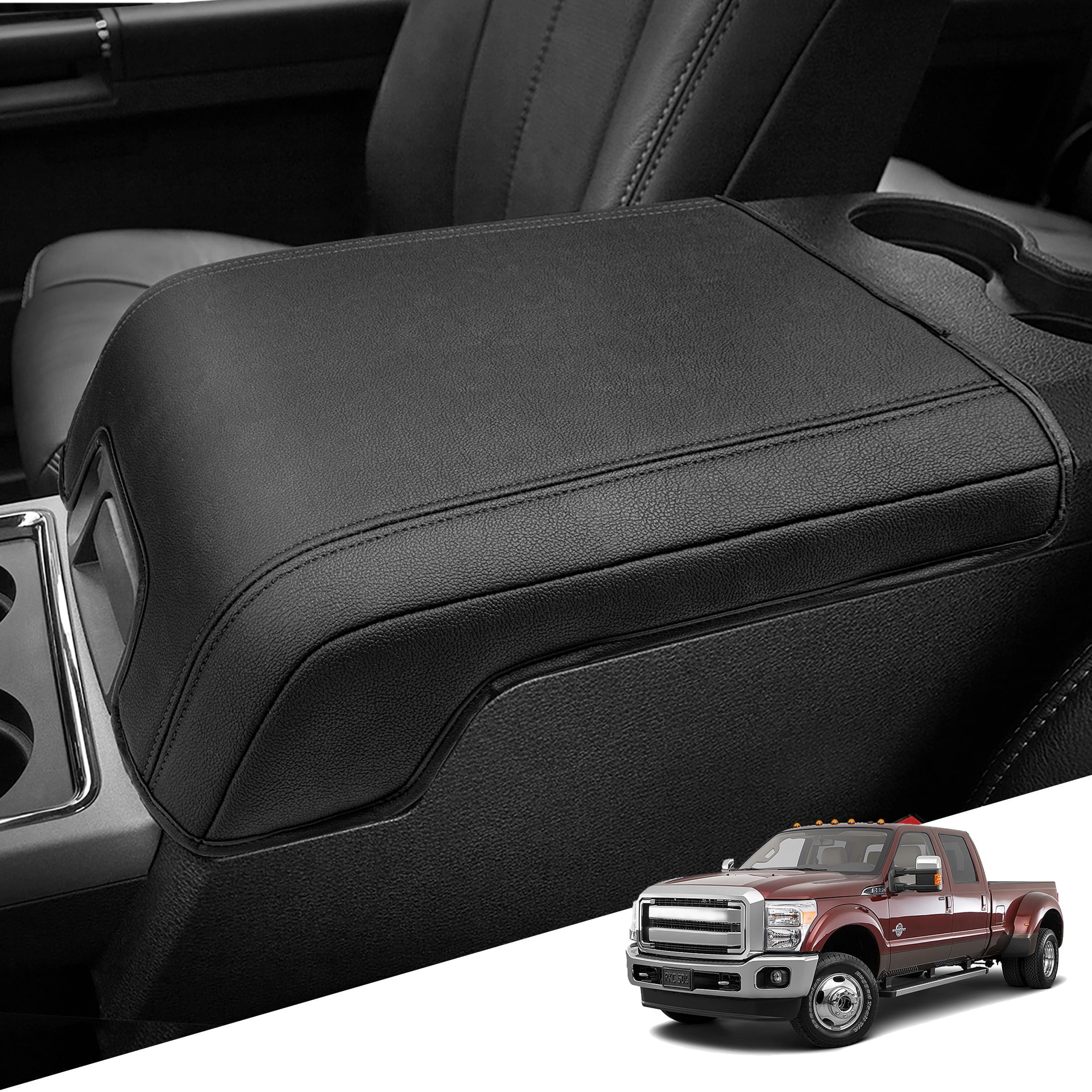 KBH Center Console Armrest Cover Fit for Ford F250 F350 F450 2011-2016 Super Duty Accessories, Leather Comfort Armrest Pad Console Lid Cushion Protector, Black