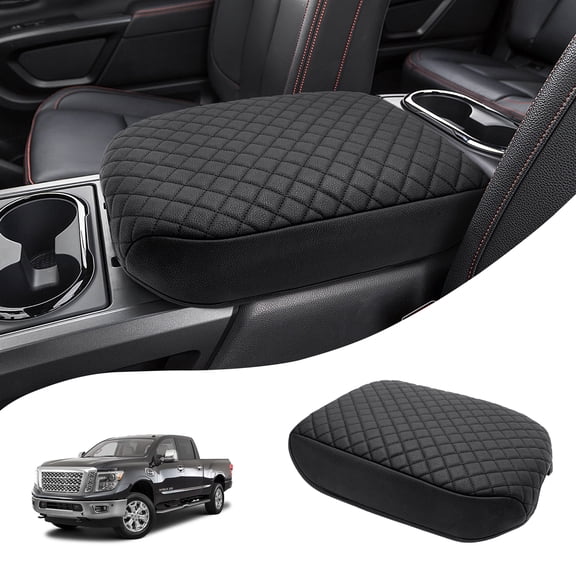 KBH Center Console Armrest Cover for Nissan Titan Accessories 2016-2024, Leather Middle Console Lid Protector Arm Rest Cushion, Black (Bucket Seat Only)