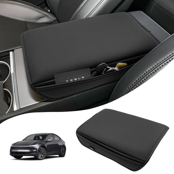 KBH Center Console Armrest Cover for 2025 2026 Tesla Model Y Accessories & Model 3 Highland 2024-2026, Leather Middle Console Lid Cushion Pad with Side & Under Pockets