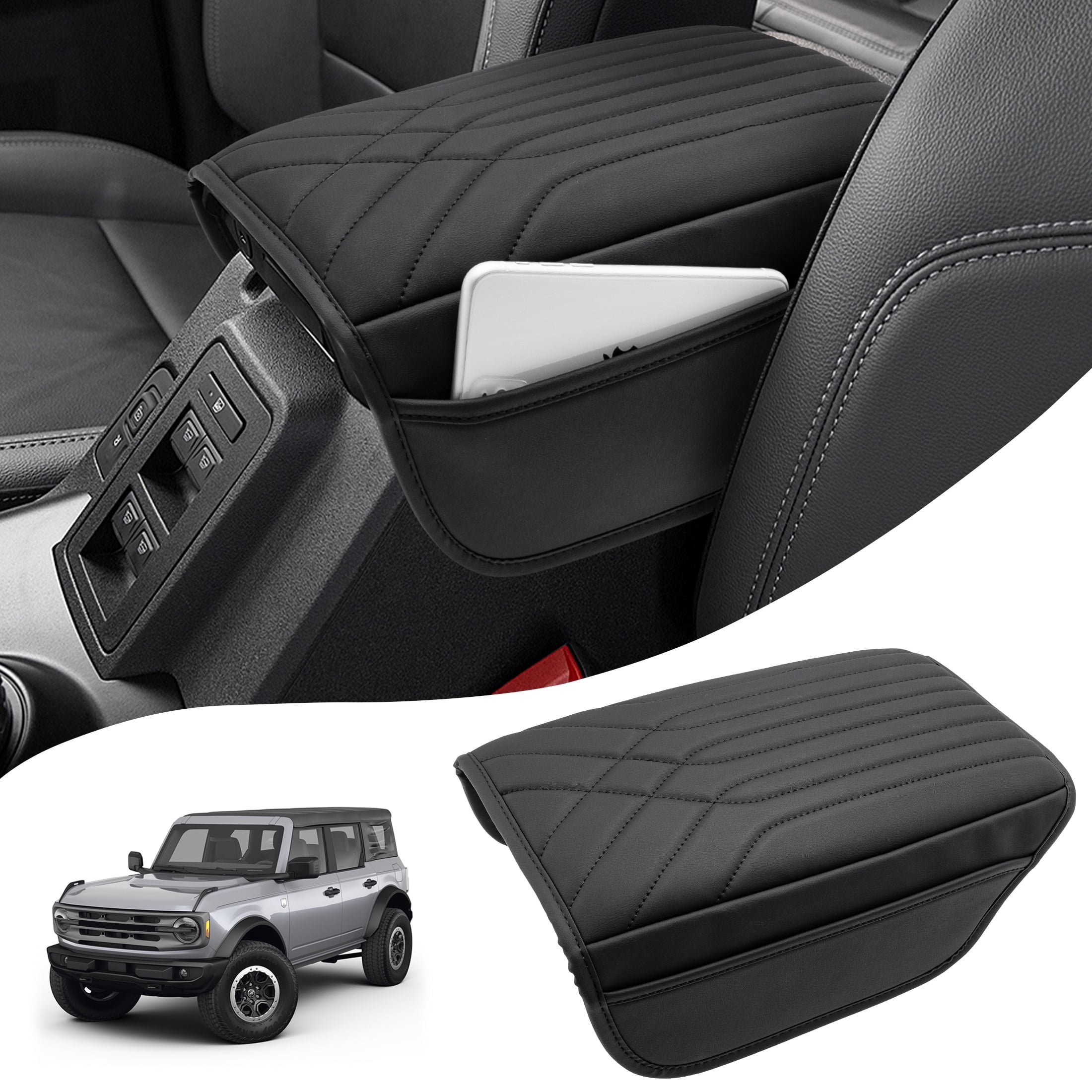 KBH Center Console Armrest Cover for Ford Bronco Accessories 2021-2026 2/4-door with Side Pockets, Leather Middle Console Lid Protector Cushion Pad
