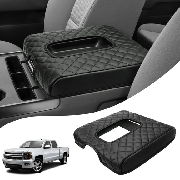 KBH Center Console Cover Fit for 2014-2018 Chevy Silverado GMC Sierra with 40/20/40 Split Bench Jump Seat, Black Leather Interior Trim Armrest Cover Cushion Pad