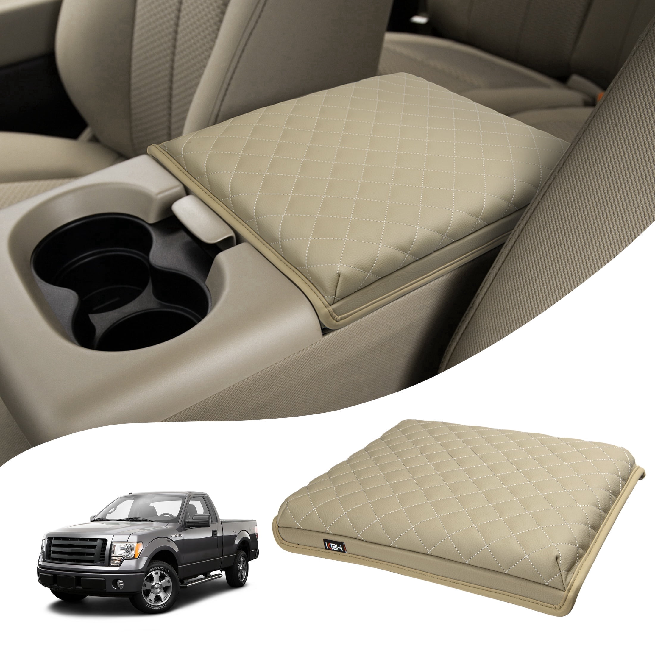KBH Truck Center Console Cover for 2004-2010 Ford F150 with 40/20/40 Split Bench Jump Seat, Leather Middle Console Armrest Cover Cushion Pad for F150 Accessories Interior, Beige