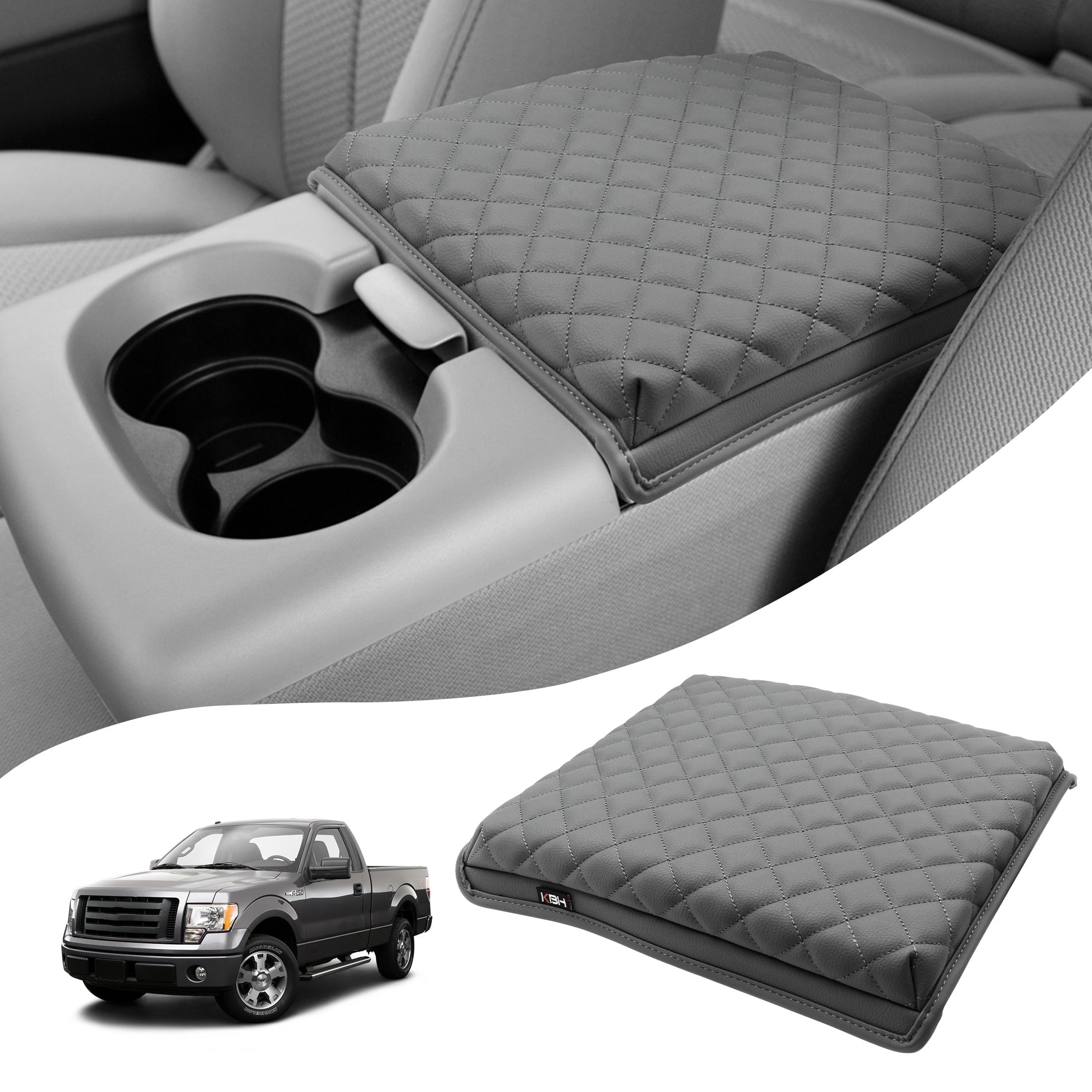 KBH Center Console Cover for 2004-2010 Ford F150 with 40/20/40 Split Bench Jump Seat, Leather Middle Console Armrest Cover Cushion Pad for F150 Accessories Interior, Gray