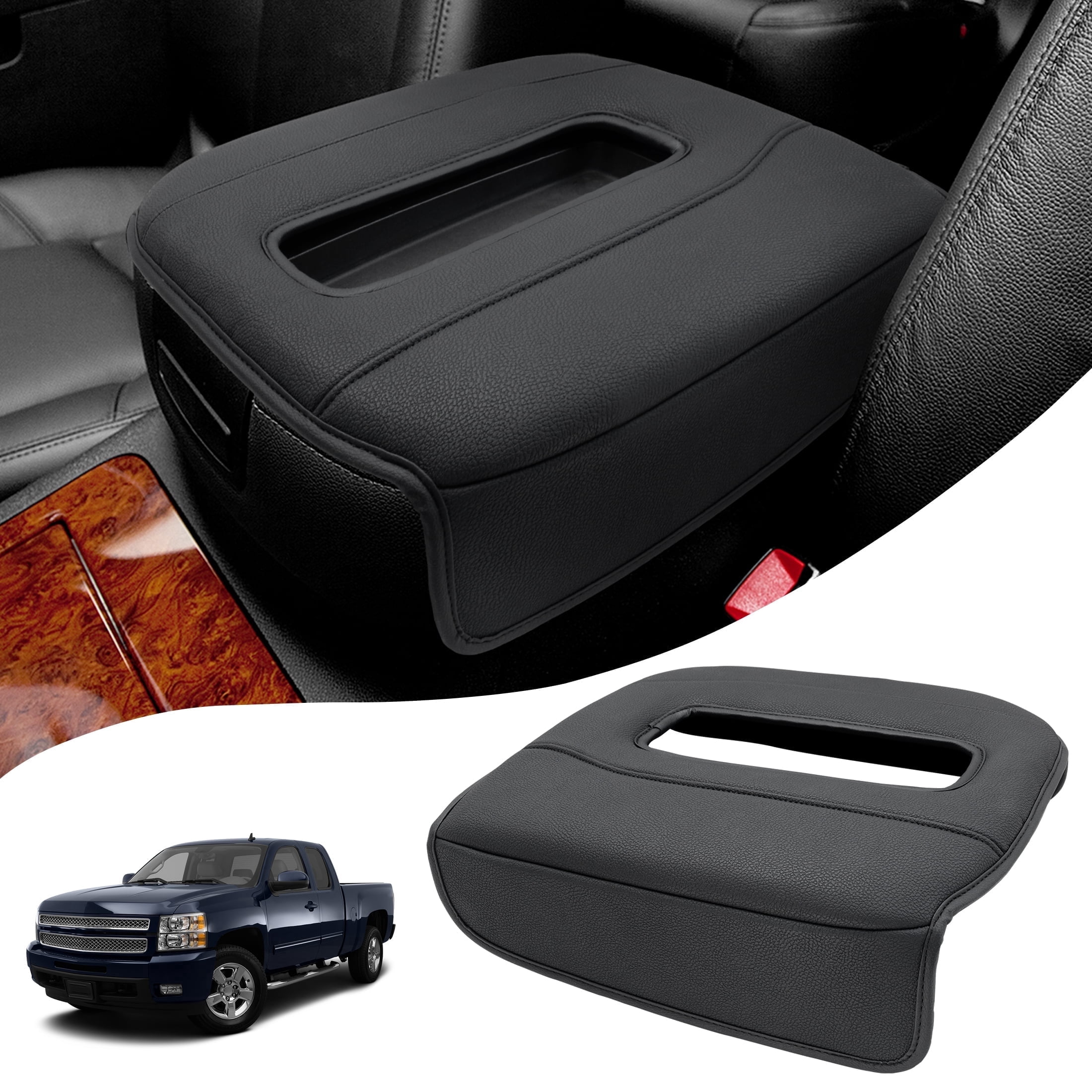 KBH Center Console Cover for 2007-2014 Chevy Silverado Tahoe Suburban Avalanche, GMC Sierra Yukon, Black Leather Armrest Cover for Car Interior Accessories (Bucket Seat Only)