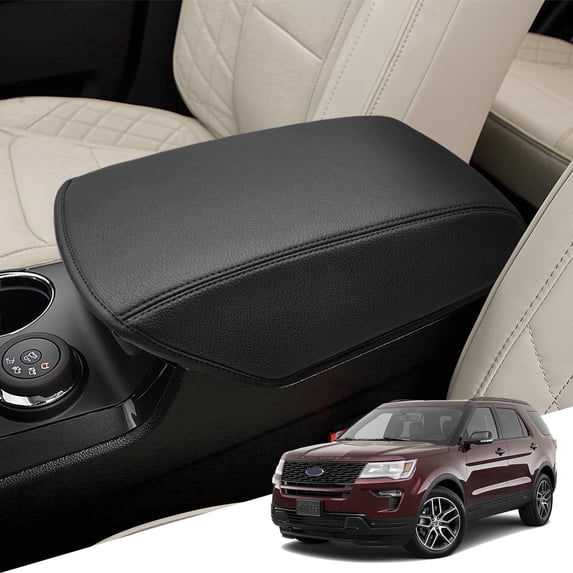 KBH Center Console Cover for 2011-2019 Ford Explorer Accessories, Black Leather Car Armrest Cover for Vehicle, Middle Console Lid Protector Pad