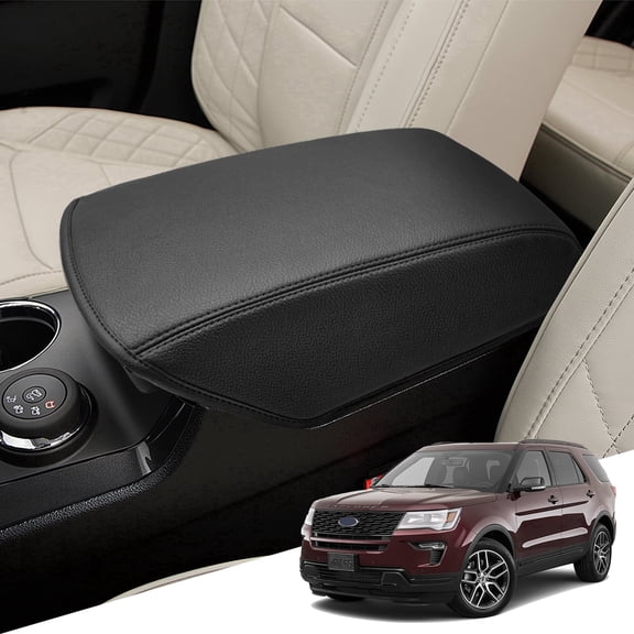 KBH Center Console Cover for 2011-2019 Ford Explorer Accessories, Black Leather Car Armrest Cover for Vehicle, Middle Console Lid Protector Pad