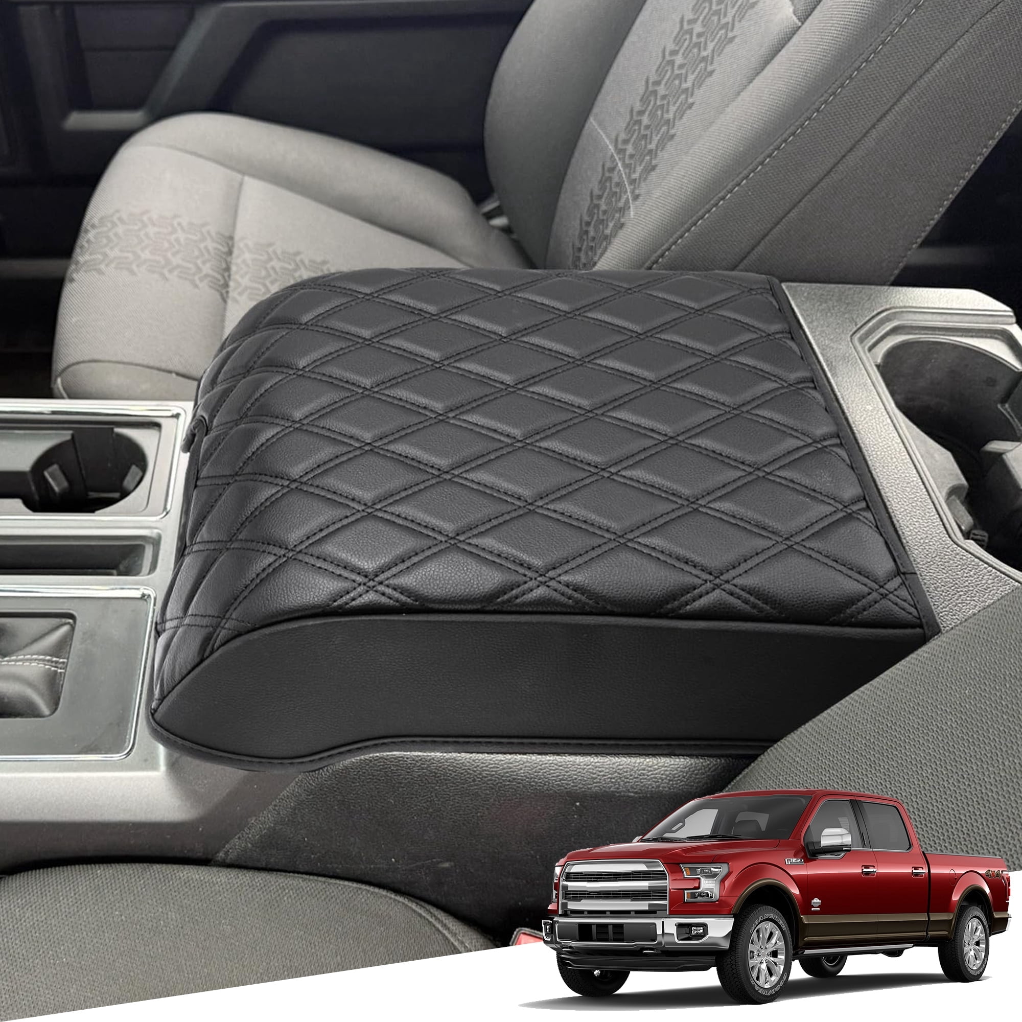 KBH Center Console Cover for 2015-2020 Ford F150, 2017-2022 F250 F350 F450 F550, 2018-2024 Expedition Accessories, PU Leather Armrest Cover Protector (Bucket Seat Only)