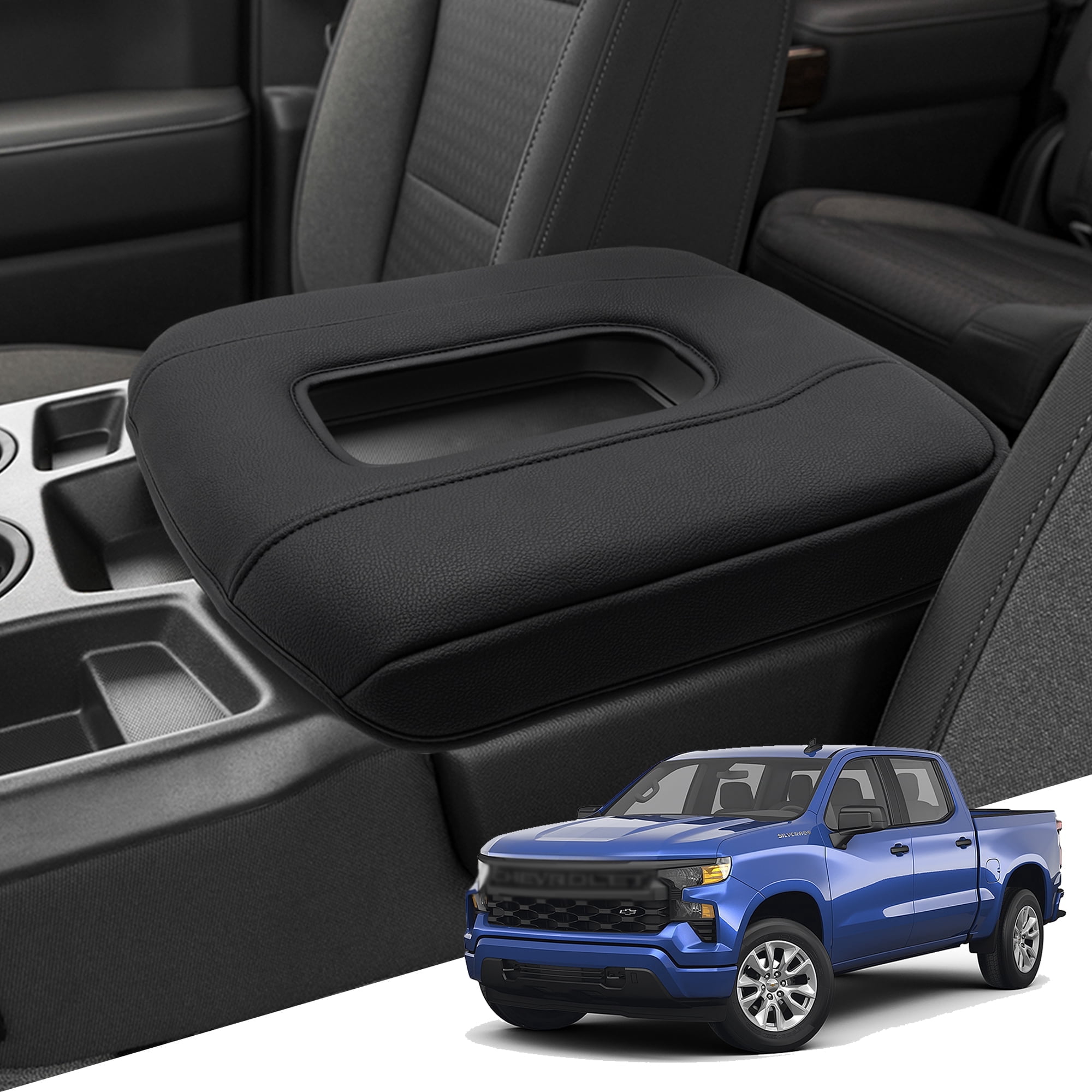 KBH Center Console Cover for 2019-2026 Chevy Silverado/GMC Sierra Accessories, Black Leather Armrest Cover for Jump Seat Console, Anti-scratch Middle Console Lid Protector