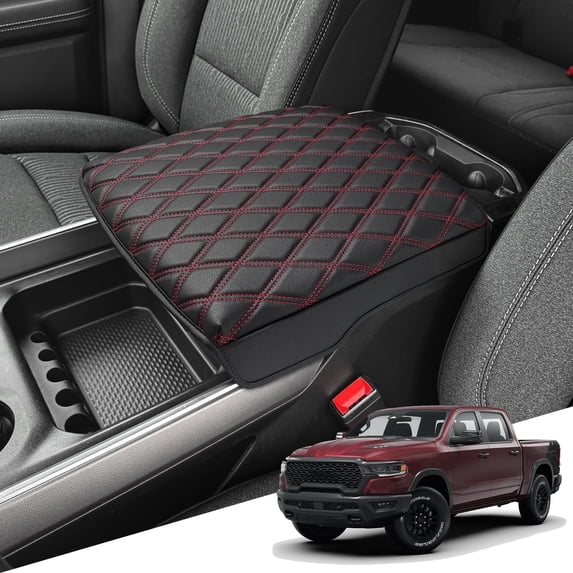 KBH Center Console Cover for 2019-2026 Dodge Ram 1500/2500/3500, Middle Console Armrest Cover for Ram 1500 Accessories, Anti-Scratch Leather Cushion Pad, Black-Red Stitch