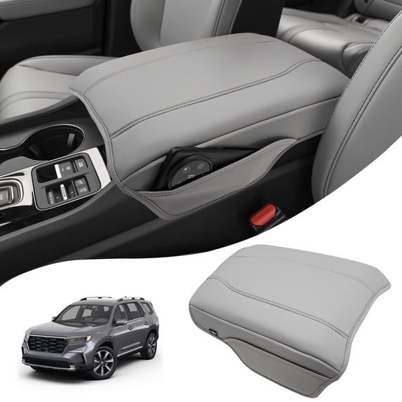 KBH Center Console Cover for 2023-2026 Honda Pilot with Leather Side Pockets, 2024 2025 2026 Honda Ridgeline/Passport Armrest Cover, Middle Console Lid Protector Interior Accessories, Gray