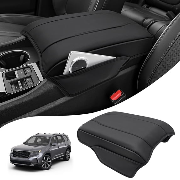 KBH Center Console Cover for 2023-2026 Honda Pilot Accessorie, 2024 2025 2026 Honda Ridgeline/Passport Armrest Cover with Side Pockets, Black Leather Middle Console Lid Protector