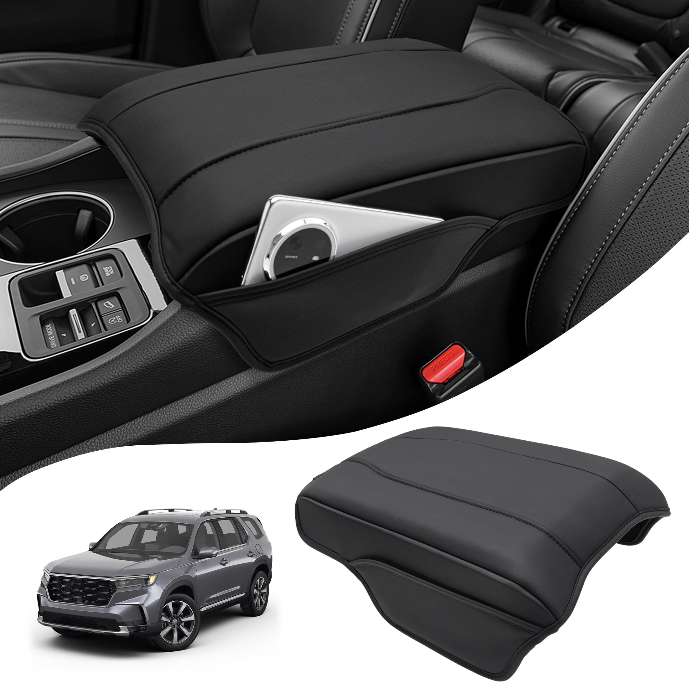 KBH Center Console Cover for 2023-2026 Honda Pilot Accessorie, 2024 2025 2026 Honda Ridgeline/Passport Armrest Cover with Side Pockets, Black Leather Middle Console Lid Protector