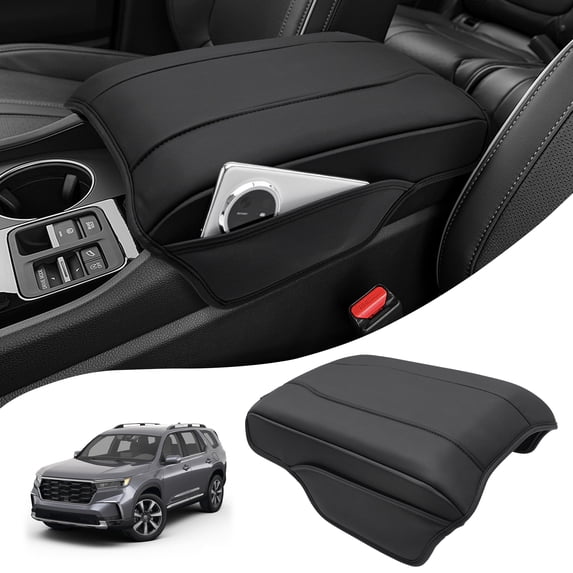 KBH Center Console Cover for 2023-2026 Honda Pilot Accessorie, 2024 2025 2026 Honda Ridgeline/Passport Armrest Cover with Side Pockets, Black Leather Middle Console Lid Protector