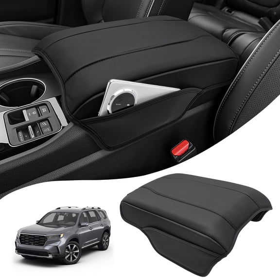 KBH Center Console Cover for 2023-2026 Honda Pilot with Side Pockets, 2024 2025 2026 Honda Ridgeline/Passport Armrest Cover, Leather Middle Console Lid Protector Interior Accessories, Black