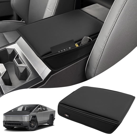 KBH Center Console Cover for 2024-2026 Tesla Cybertruck, Middle Console Lid Armrest Cover with Side Pockets, Black Leather Cushion Pad Interior Trim