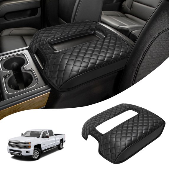 KBH Center Console Cover for Chevy Silverado GMC Sierra 2014-2018, Black Leather Middle Console Lid Armrest Cover for Tahoe Yukon Suburban 2015-2020 (Bucket Seat Only)