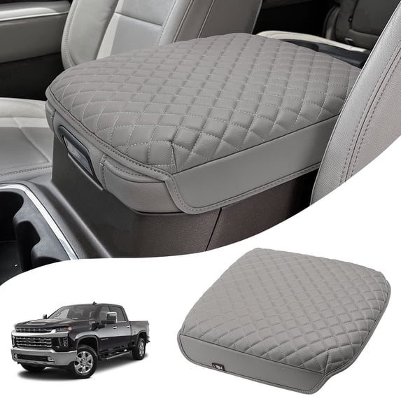 KBH Middle Console Cover for Chevy Silverado & GMC Sierra 2019-2026, Tahoe & Suburban & Yukon 2021-2026, Leather Armrest Lid Cushion Pad for Truck Interior, Gray(Bucket Seat Only)