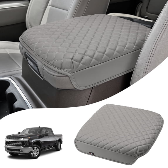 KBH Center Console Cover Compatible with Chevy Silverado & GMC Sierra 2019-2026, Tahoe & Suburban & Yukon 2021-2026, Leather Armrest Lid Cushion Protector, Gray(Bucket Seat Only)