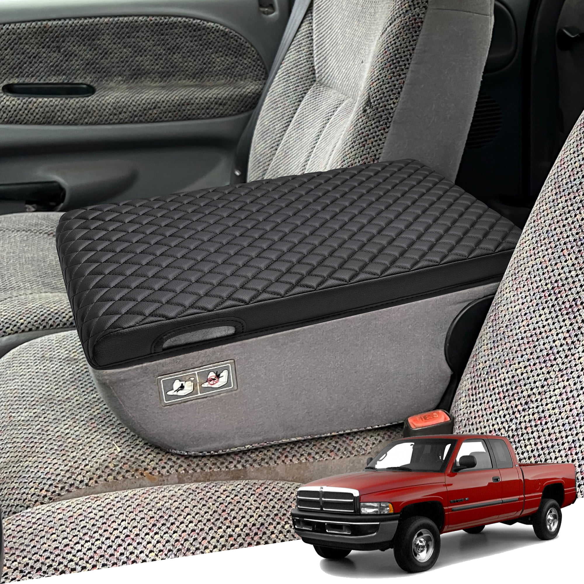 KBH Center Console Cover for 1994-2001 Dodge Ram 1500 2500 3500 Accessories, 19"x15" Jump Seat, Black Leather Armrest Lid Cushion Pad for Truck Interior