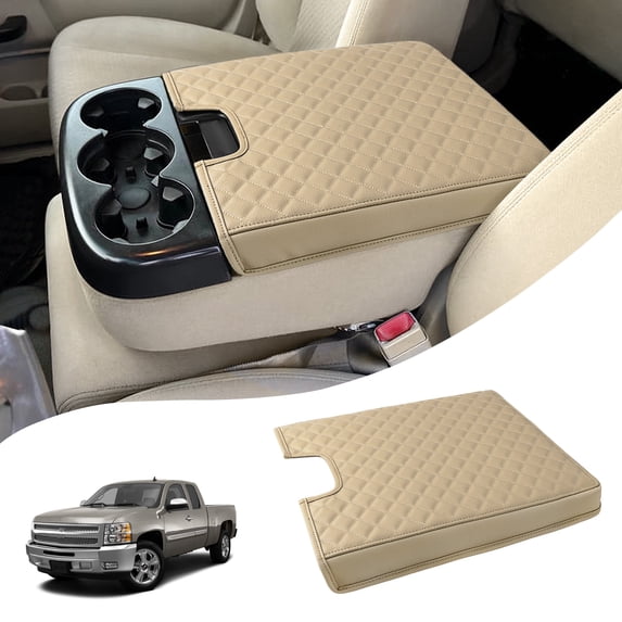 KBH Center Console Cover Fit for 2007-2014 Silverado Tahoe Sierra Yukon Suburban with Jump Seat Console, Anti-Scratch Leather Arm Rest Cushion Pad Protector, Beige