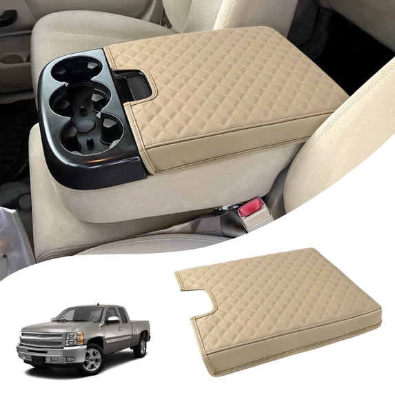 KBH Center Console Cover for 2007-2014 Silverado Tahoe Sierra Yukon Suburban with Jump Seat Console, Anti-Scratch Leather Arm Rest Cushion Pad Protector Interior Accessories, Beige