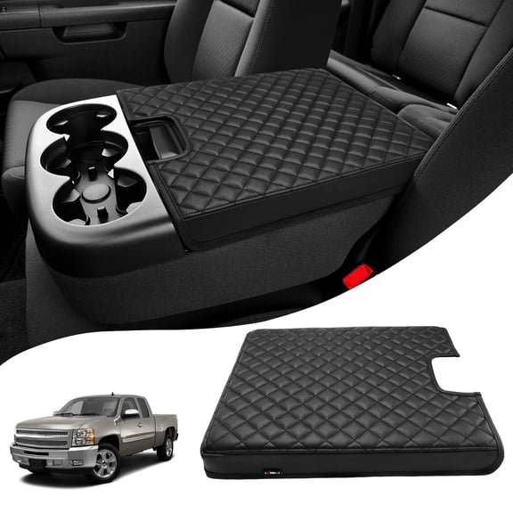 KBH Center Console Cover Fit for 2007-2014 Silverado Tahoe Sierra Yukon Suburban with Jump Seat Console, Car Armrest Seat Cover, Black Leather Middle Console Lid Cushion Pad