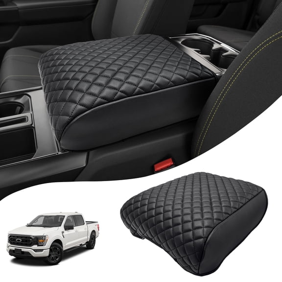 KBH Center Console Cover Fit for 2021-2026 Ford F150 Accessories, Black Leather Armrest Cover for Truck, Middle Console Lid Arm Rest Cushion Pad
