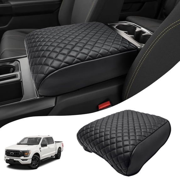 KBH Fit for 2021-2026 Ford F150 Center Console Cover, Black Leather Middle Console Armrest Cover Cushion Pad for Truck Accessories