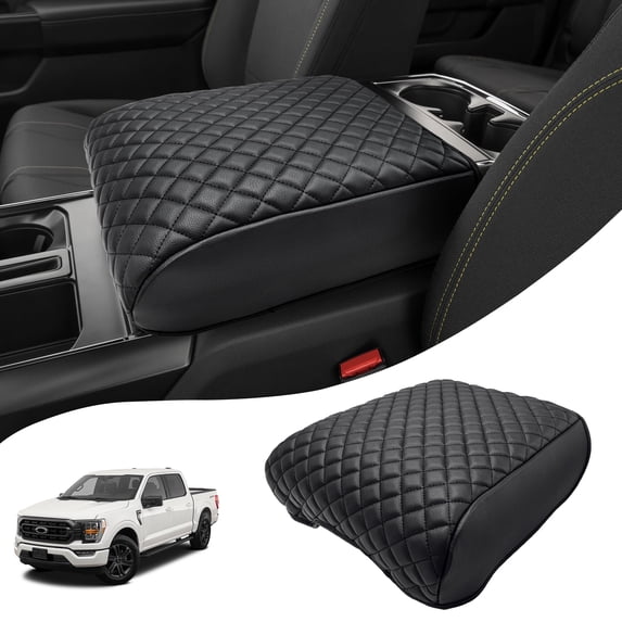 KBH Fit for 2021-2026 Ford F150 Center Console Cover, Black Leather Middle Console Armrest Cover Cushion Pad for Truck Accessories