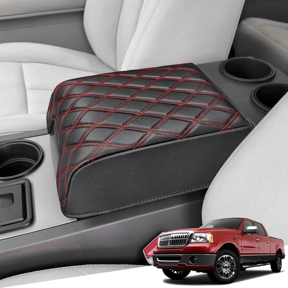 KBH Center Console Cover for Ford F150 2004-2014/Expedition 2007-2014, Leather Middle Console Lid Armrest Cover for Lincoln Mark LT 2006-2008, Black-Red Stitches