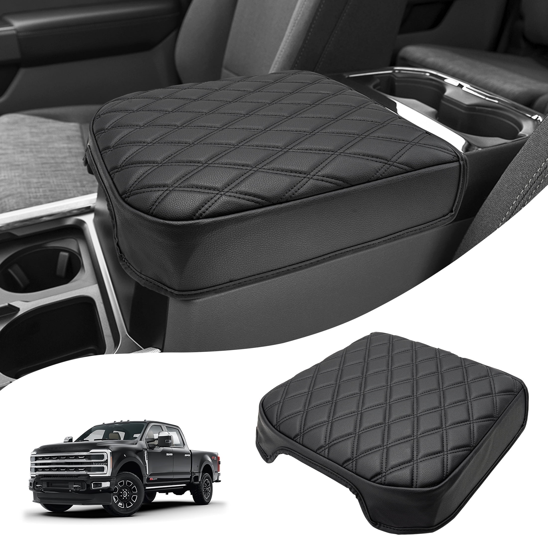 KBH Center Console Cover for Ford F250 F350 F450 F550 Super Duty 2023-2026, Black Leather Arm Rest Lid Box Covering Cushion Pad for Ford Accessories (Bucket Seat Only)
