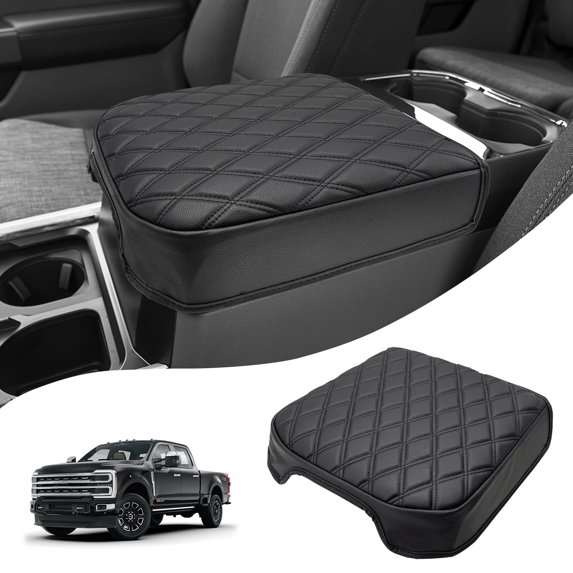 KBH Center Console Cover for Ford F250 F350 F450 F550 Super Duty 2023-2026, Black Leather Arm Rest Lid Box Covering Cushion Pad for Ford Accessories (Bucket Seat Only)