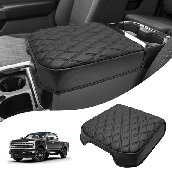 KBH Center Console Cover for Ford F250 F350 F450 F550 Super Duty 2023-2026, Black Leather Arm Rest Lid Box Covering Cushion Pad for Ford Accessories (Bucket Seat Only)
