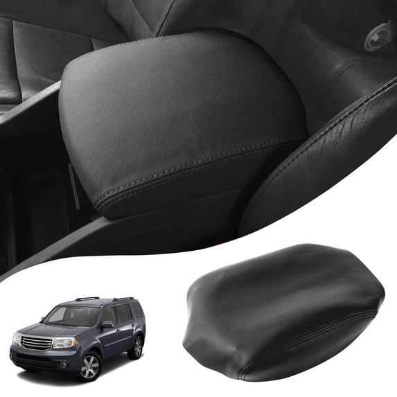 KBH Center Console Cover Lid Armrest Replacement for Honda Pilot 2009-2015, Car Arm Rest Upholstery Cover, Black (Leather Skin Only)