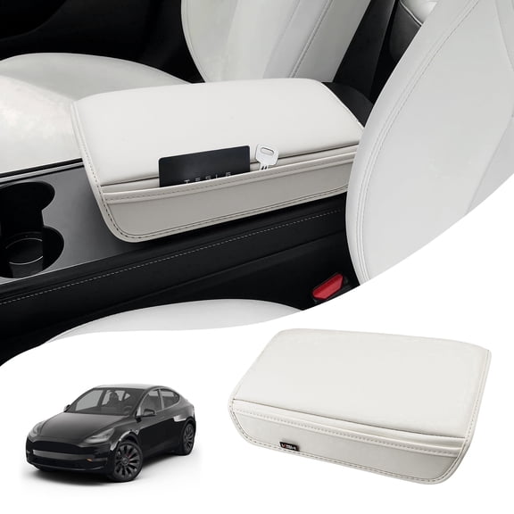 KBH Middle Console Cover for Tesla Model Y White Interior Accessories 2020-2025/Model 3 2017-2023, PU Leather Armrest Cover for Car, Anti-Scratch Cushion Pad Protector
