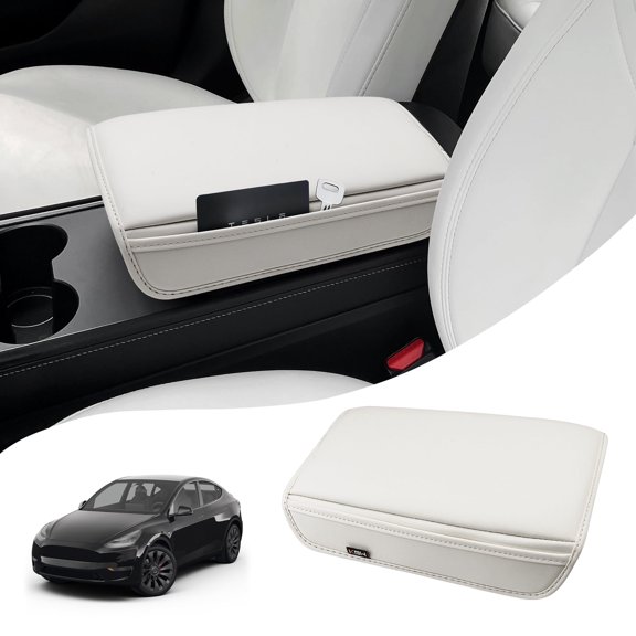 KBH Center Console Cover for Tesla Model Y 2020-2025/Model 3 2017-2023, Middle Console Lid Cushion Pad with Side & Under Pockets, PU Leather Armrest Box Protector for Tesla Accessories, White
