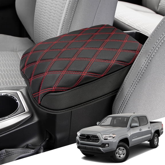 KBH Center Console Cover for 2016-2023 Toyota Tacoma Accessories, Leather Middle Console Armrest Cover Protector for Car Interior, Black-Red Stitches