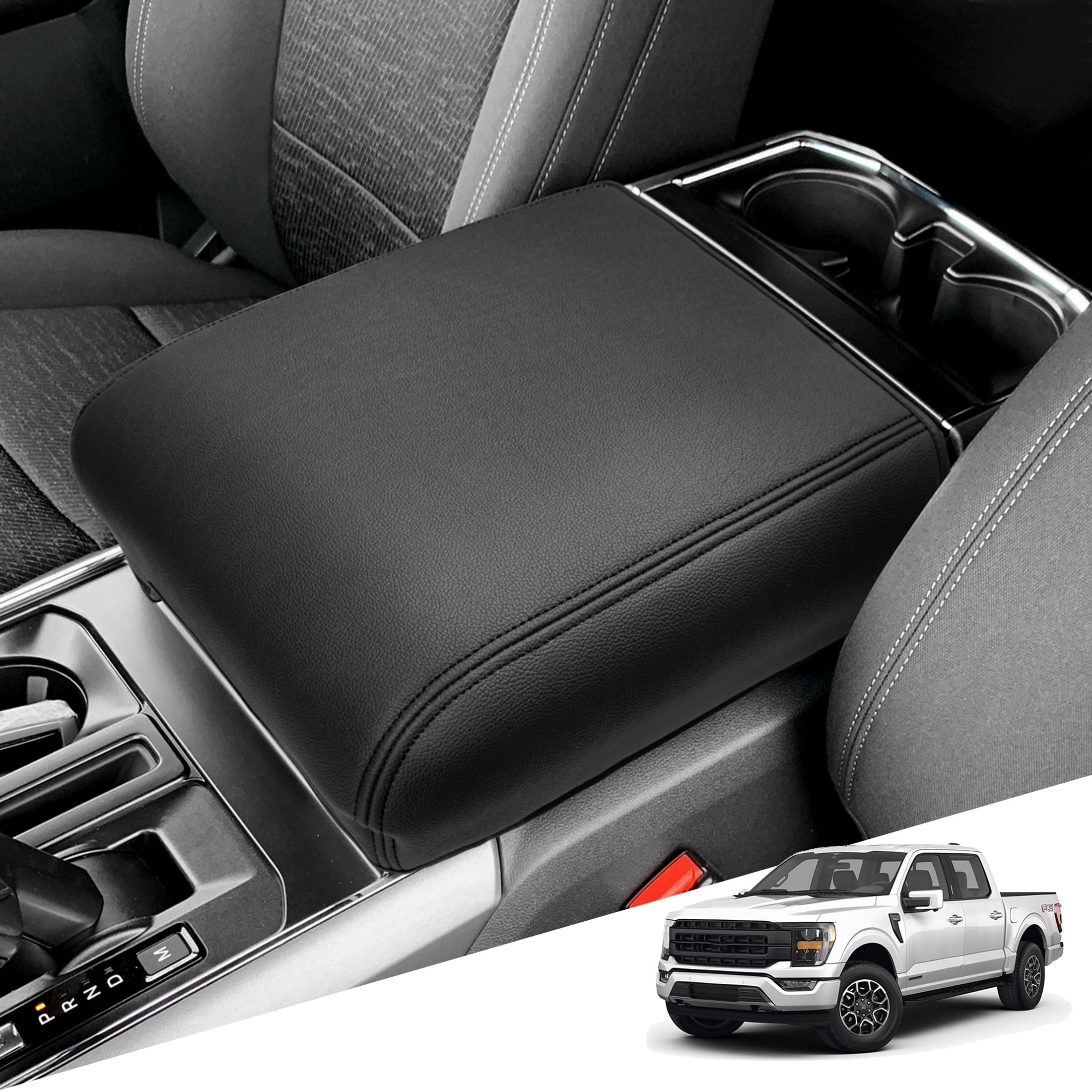 KBH Center Console Cover for 2021-2026 Ford F150 Accessories, Anti-Scratch Leather Middle Armrest Cusion Protector, Black(Bucket Seat Only)
