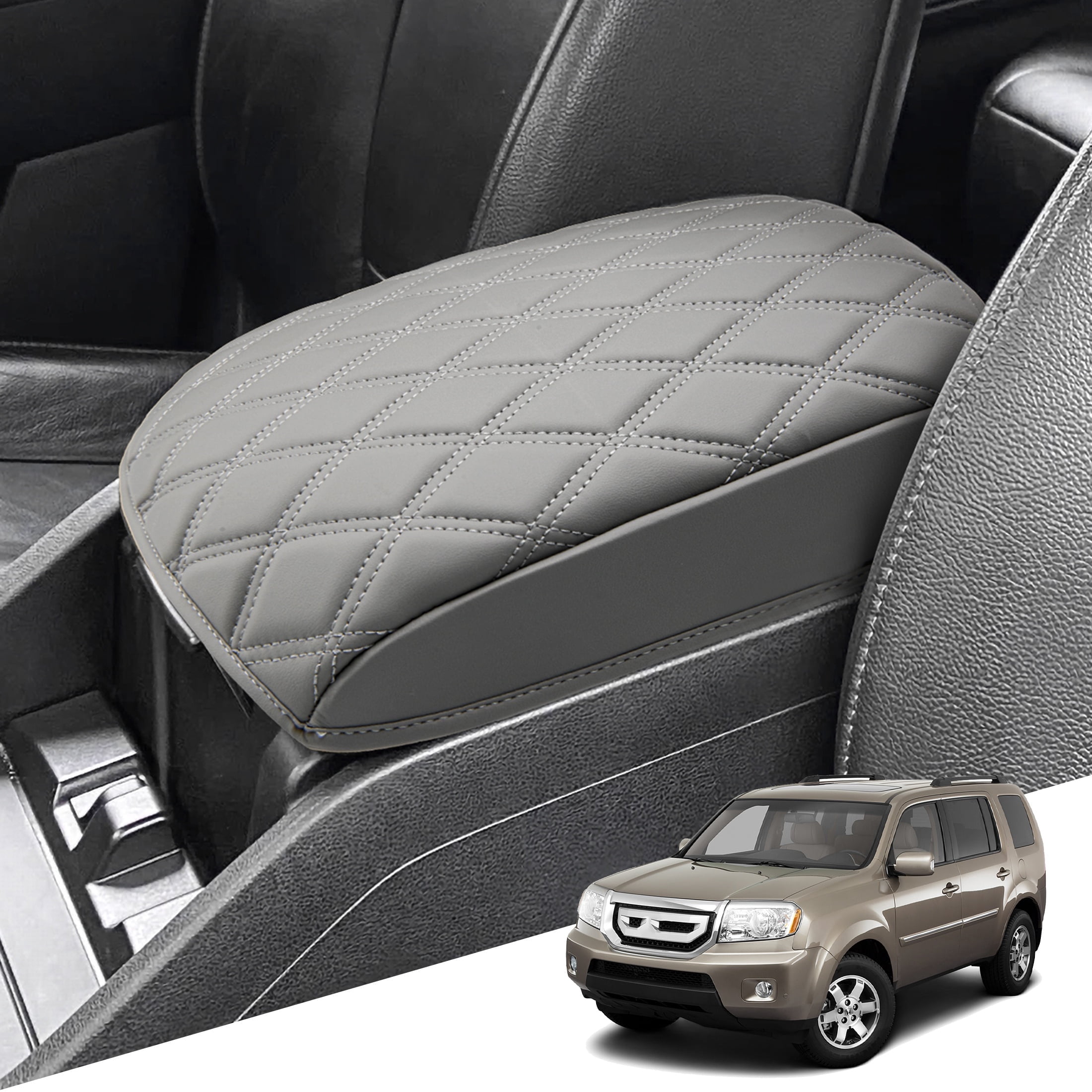 KBH Center Console Cover for Honda Pilot Accessories 2009-2015, Leather Middle Console Lid Armrest Cover for Car Interior, Gray
