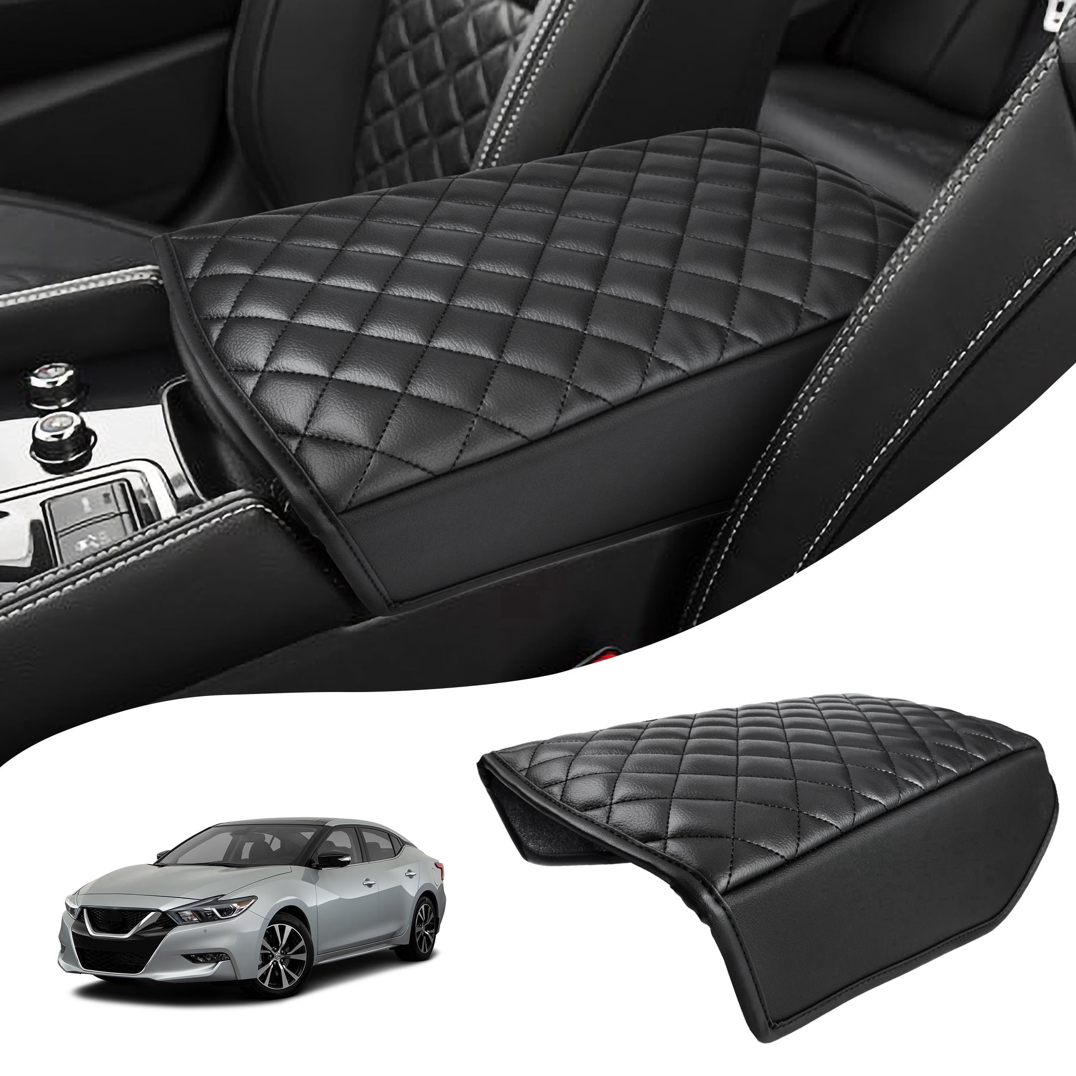 KBH Car Center Console Cover for 2016-2024 Nissan Maxima Accessories, Middle Console Lid Armrest Cover for Vehicle, Black Leather Interior Cushion Pad