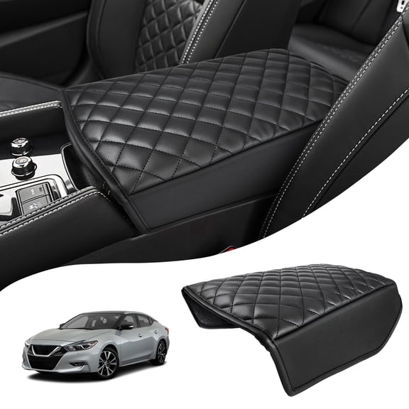 KBH Car Center Console Cover for 2016-2024 Nissan Maxima Accessories, Middle Console Lid Armrest Cover for Vehicle, Black Leather Interior Cushion Pad