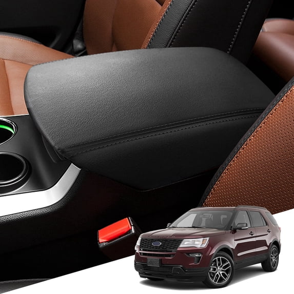 KBH Center Console Covers Replacement for Ford Explorer 2011-2019, Black Leather Armrest Lid Cover Skin for Car Interior Accessories