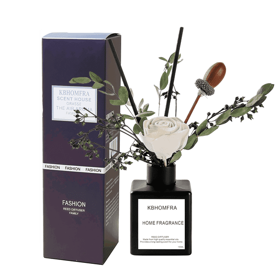 KBHOMFRA Dried Flower Reed Diffuser Jasmine Scent 5.07fl.oz Home Reed Diffusers Stick For Indoor Bedroom Bathroom Difusers Air Freshener Odor Eliminator