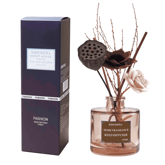 KBHOMFRA Reed Diffuser White Sandalwood Scent Fall Diffusers With Dried FlowersDiffuser Sticks 4.06FL.OZ Essential Oil 90 Days Long-lasting For Indoor Home