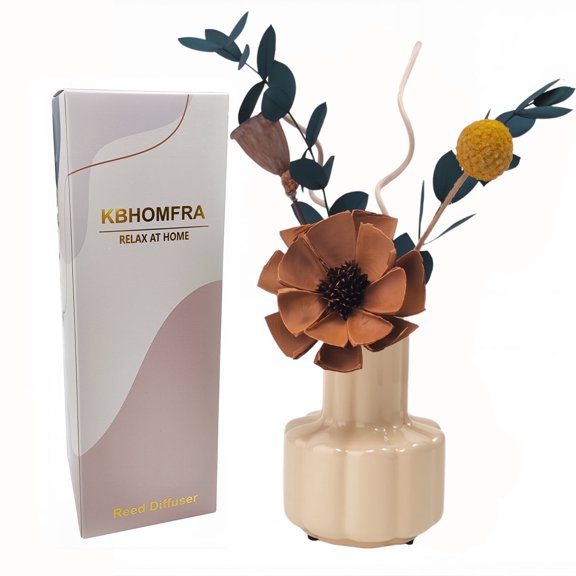 KBHOMFRA Reed Diffuser with Dried Flower Decor, Cedar Scent, 60ml Essential Oil, Reusable Ceramic Vase