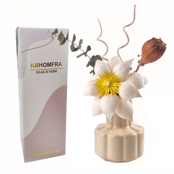 KBHOMFRA Reed Diffuser with Dried Flower Decor, Pure White Gardenia Scent, 60ml Essential Oil, Reusable Ceramic Vase