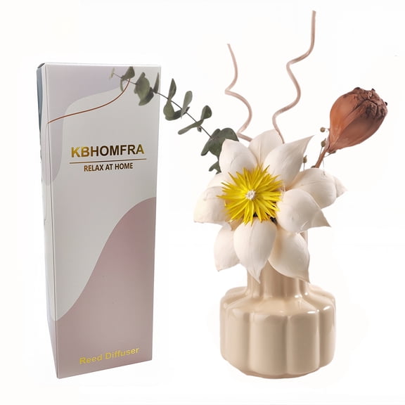 KBHOMFRA Reed Diffuser with Dried Flower Decor, Pure White Gardenia Scent, 60ml Essential Oil, Reusable Ceramic Vase