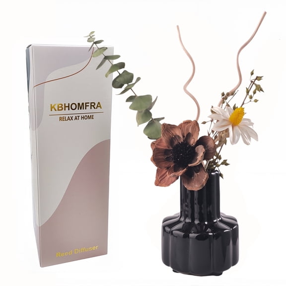 KBHOMFRA Reed Diffuser with Dried Flower Decor, Sandalwood Scent, 60ml Essential Oil, Reusable Ceramic Vase