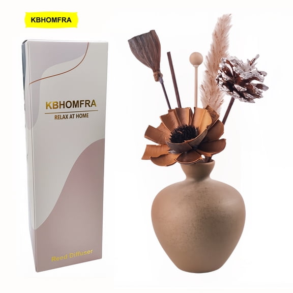 KBHOMFRA Ceramic Vase Reed Diffuser Sandalwood Scent, with Dried Flowers. 60ml Aromatic Essential Oil, Decorative Floral for LivingRooms, Bedrooms, and Bathrooms