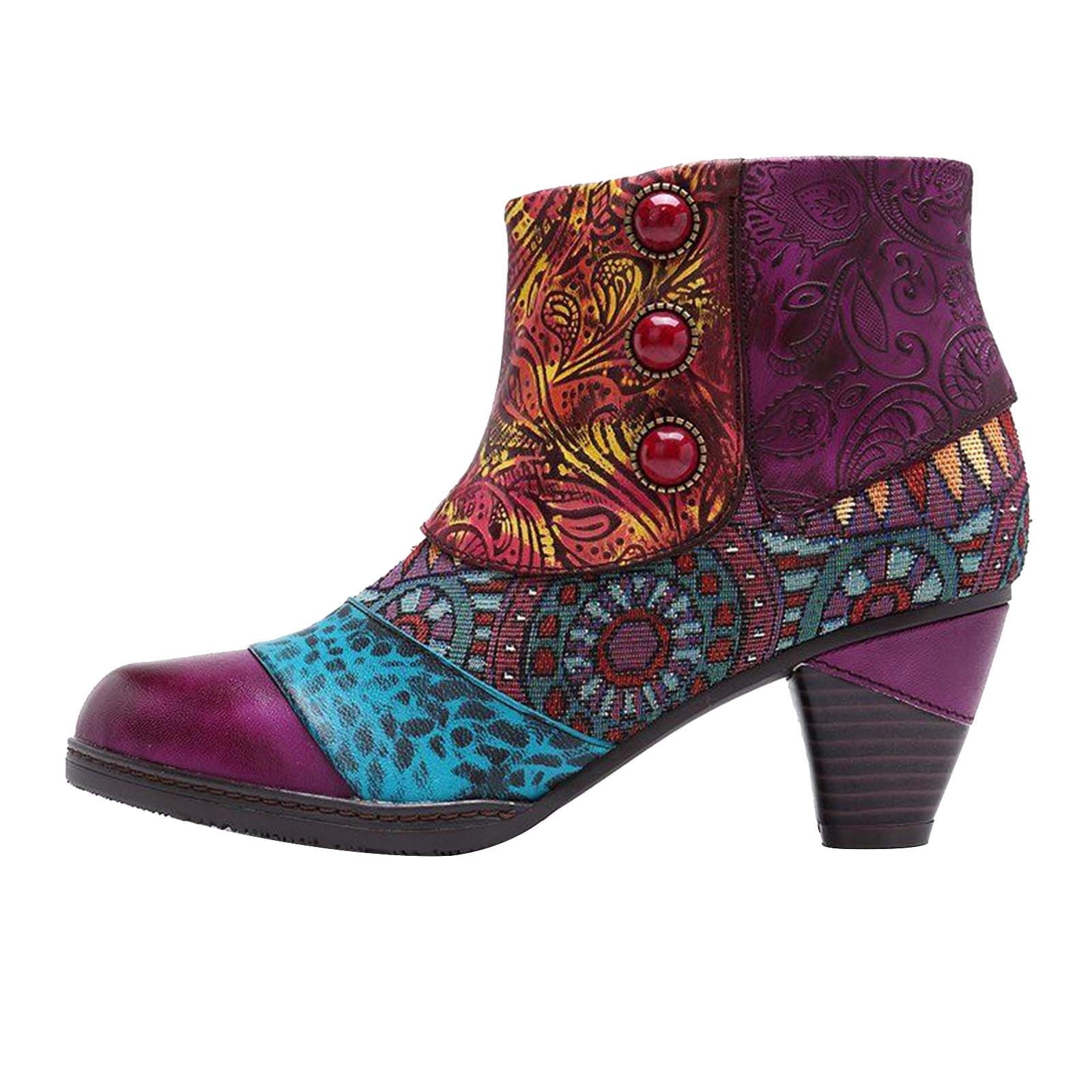 KBKYBUYZ Ethnic Style Tapered Heel Round Toe Button Boots Side Zip